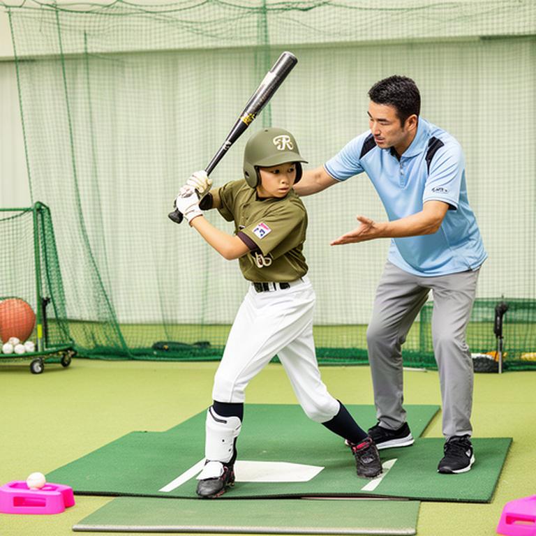 屋内練習場でコーチの指導を受けながら打撃フォームを確認する野球選手