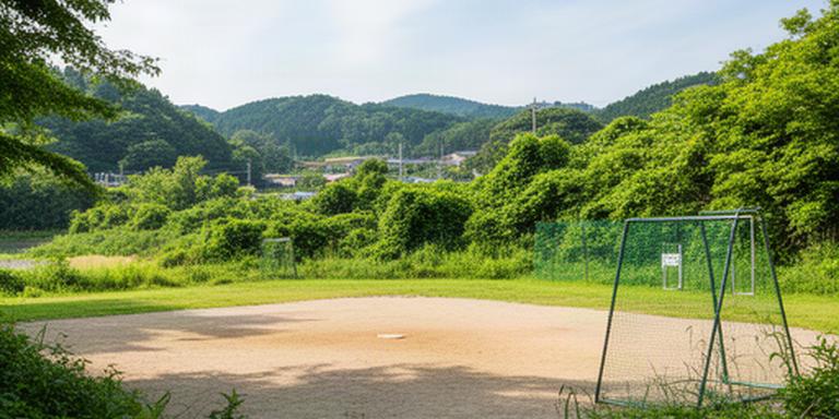 福岡県筑後市大字北長田の緑に囲まれた野球練習場所周辺