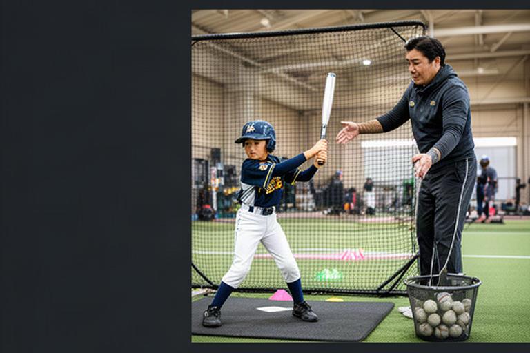 屋内練習場でバッティングネットを使いフォームを確認する少年選手