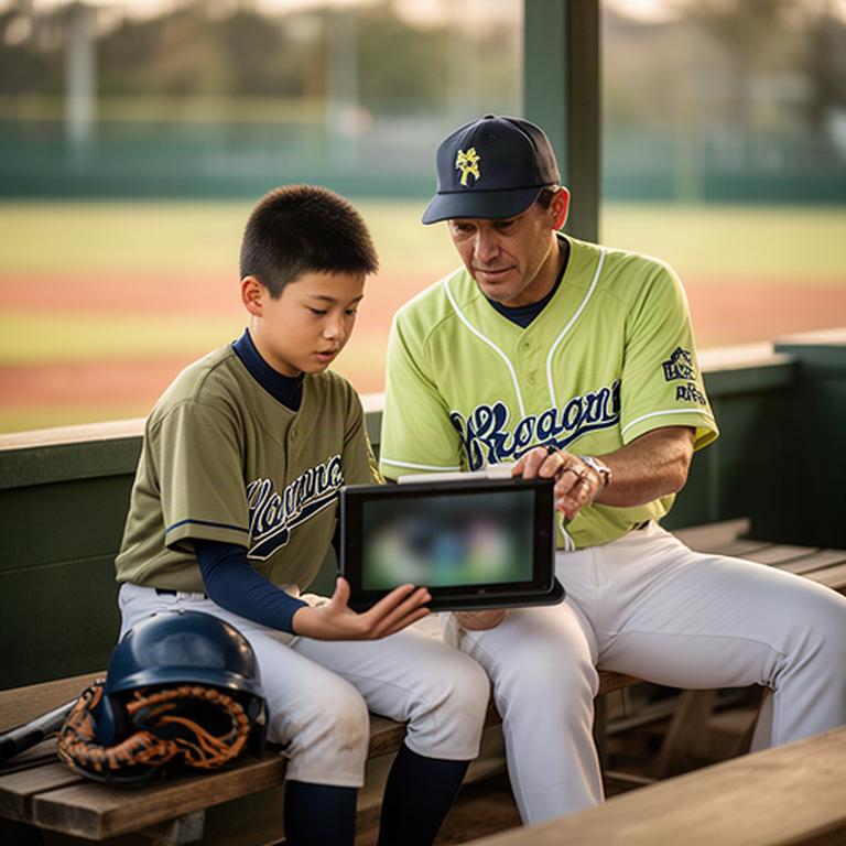少年野球の選手が試合後に指導者とベンチでタブレットの試合映像を確認している様子