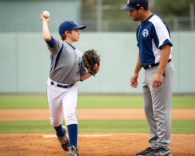 投球フォームを横から確認する少年野球の投手とコーチ