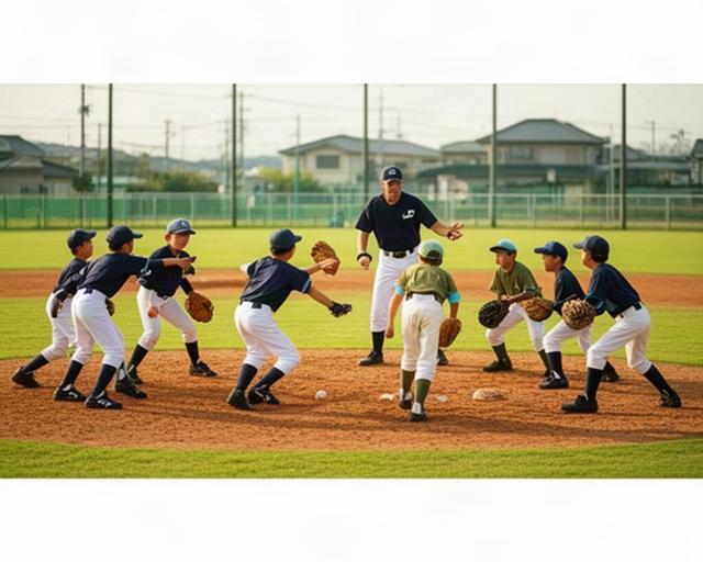 筑後市の野球グラウンドで少年野球チームに守備連携を指導するコーチと選手たち